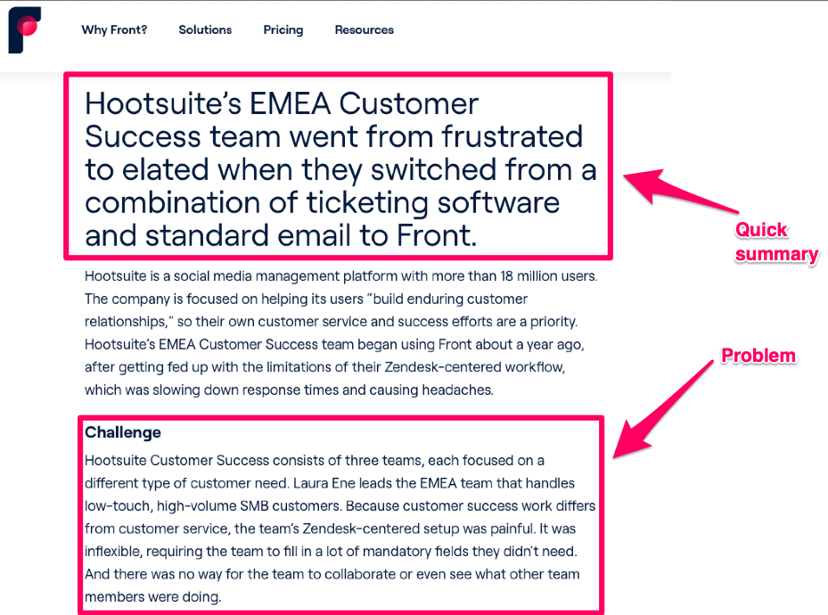 Front's article on HootSuite success story highlighting initial summary and problem details.