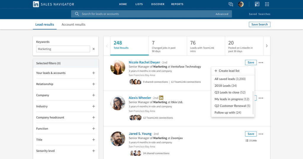 Screenshot of LinkedIn Sales Navigator 